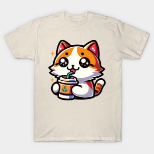 Kawaii Cat Drinking Coffee T-Shirt
